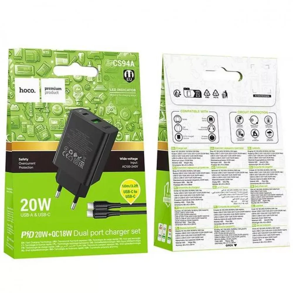 Home Charger 20W PD QC3.0 C to C Cable Hoco CS94A — фото 3