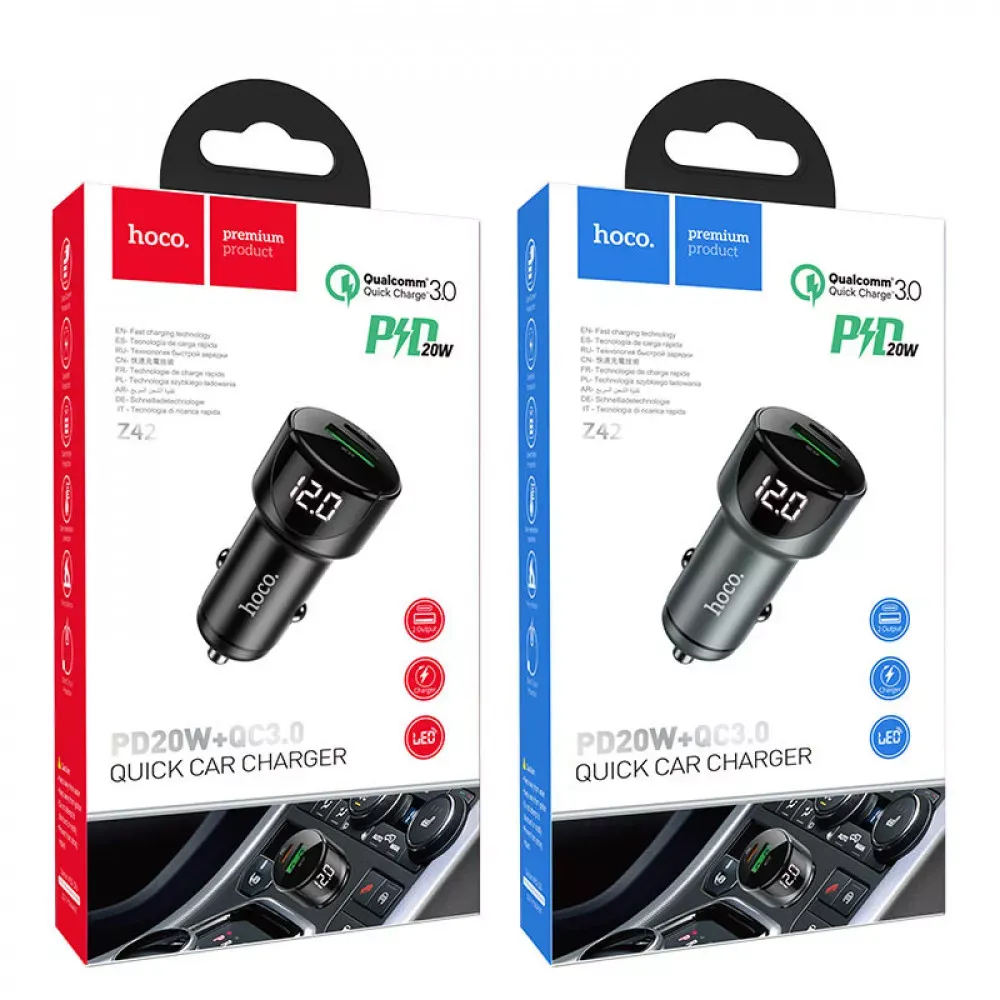 Car Charger | 20W | PD | USB QC3.0 | USCB-C | Digital Display — Hoco Z42 — Black — фото 3