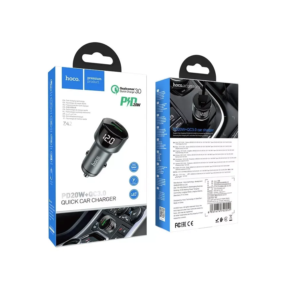 Car Charger | 20W | PD | USB QC3.0 | USCB-C | Digital Display — Hoco Z42 — Black — фото 4
