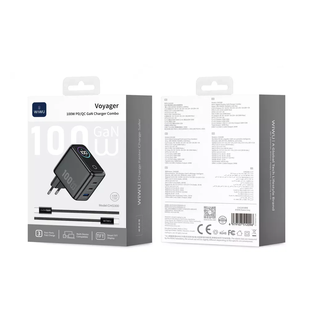Home Charger | 100W | GaN | 1U | 2C | C to C Cable — Wiwu CHG300 — фото 3
