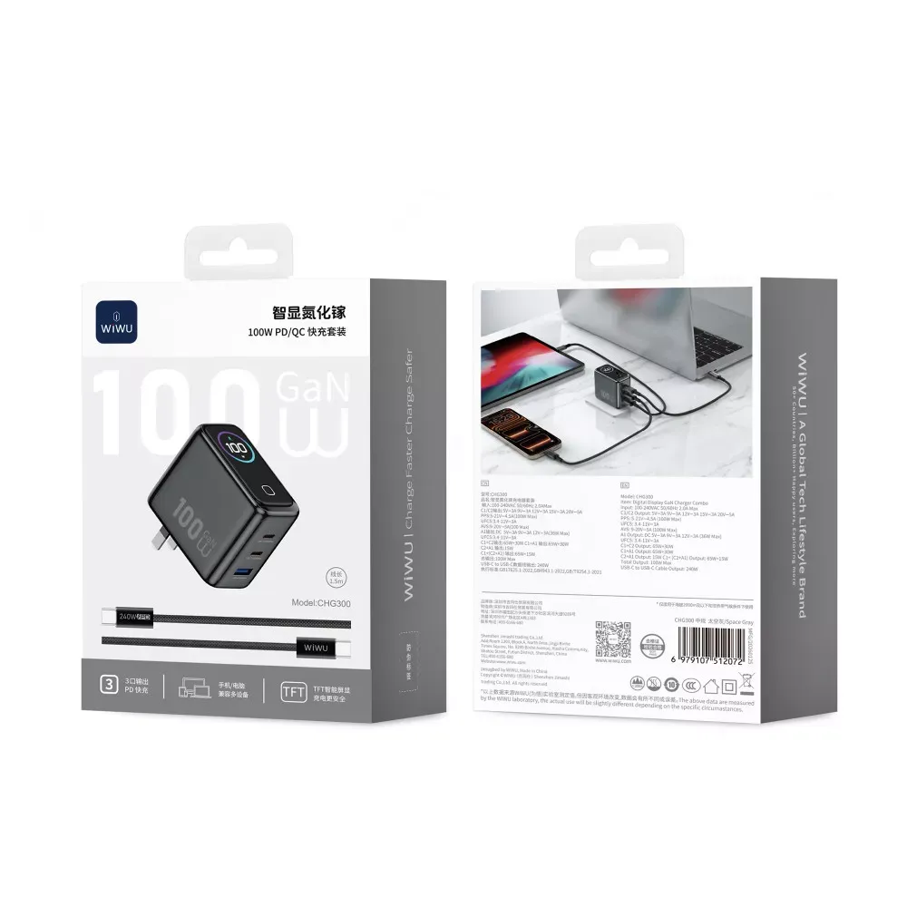Home Charger | 100W | GaN | 1U | 2C | C to C Cable — Wiwu CHG300 — фото 5
