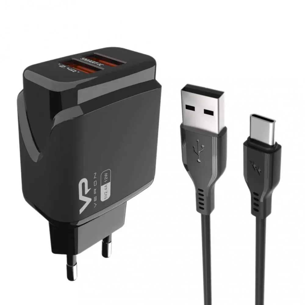 Home Charger 2.4A 2U USB C Cable (1m) Veron VR-C12C — Black — VERON