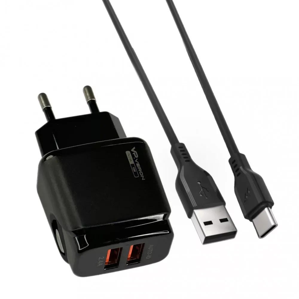 Home Charger 2.4A 2U USB C Cable Veron VR-C12C — Black — фото 4