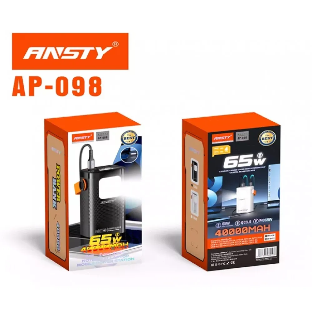 Power Bank 40000 mAh | PD65W+22.5W — Ansty AP-098  — Black — Ansty