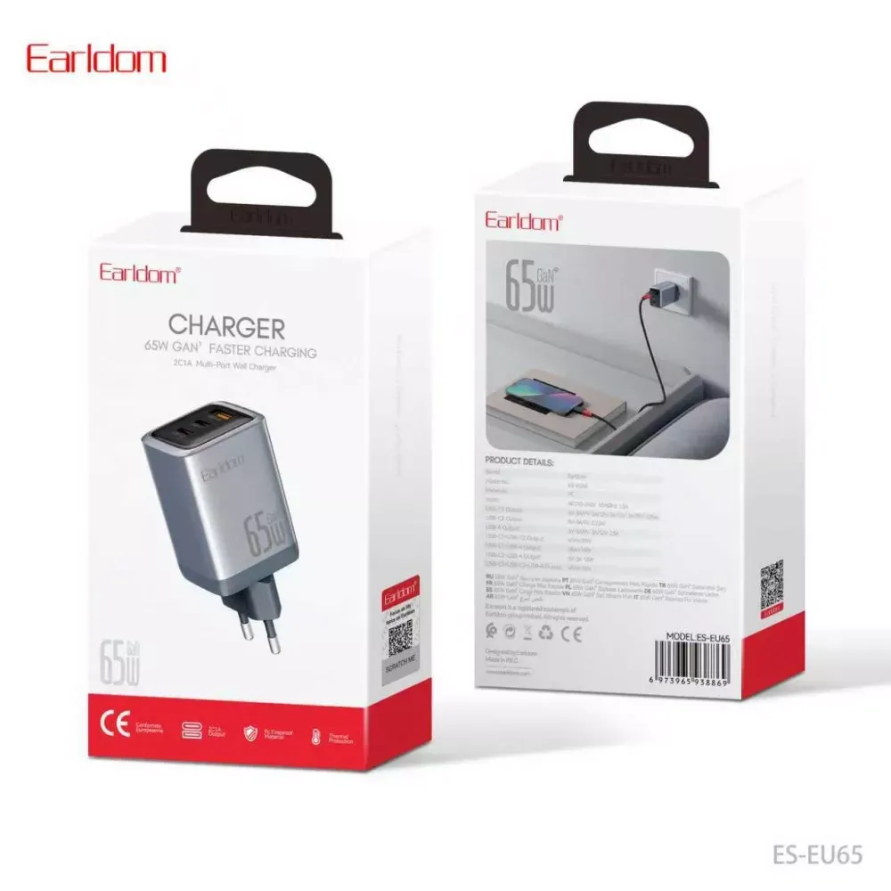 Home Charger 65W GaN 2PD QC 3.0 Earldom ES-EU65 — Earldom