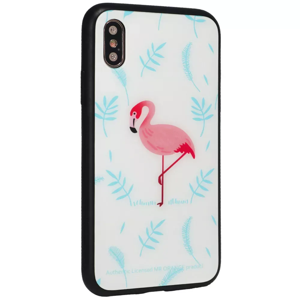 Glass with print TPU Case iPhone Xs — Blue Flamingo