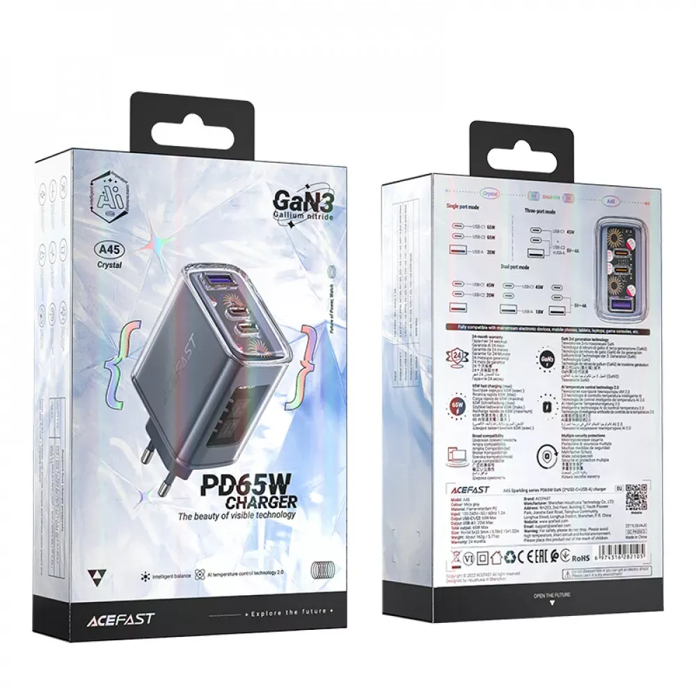 Home Charger 65W GaN 2PD QC 3.0 Acefast A45 — фото 3
