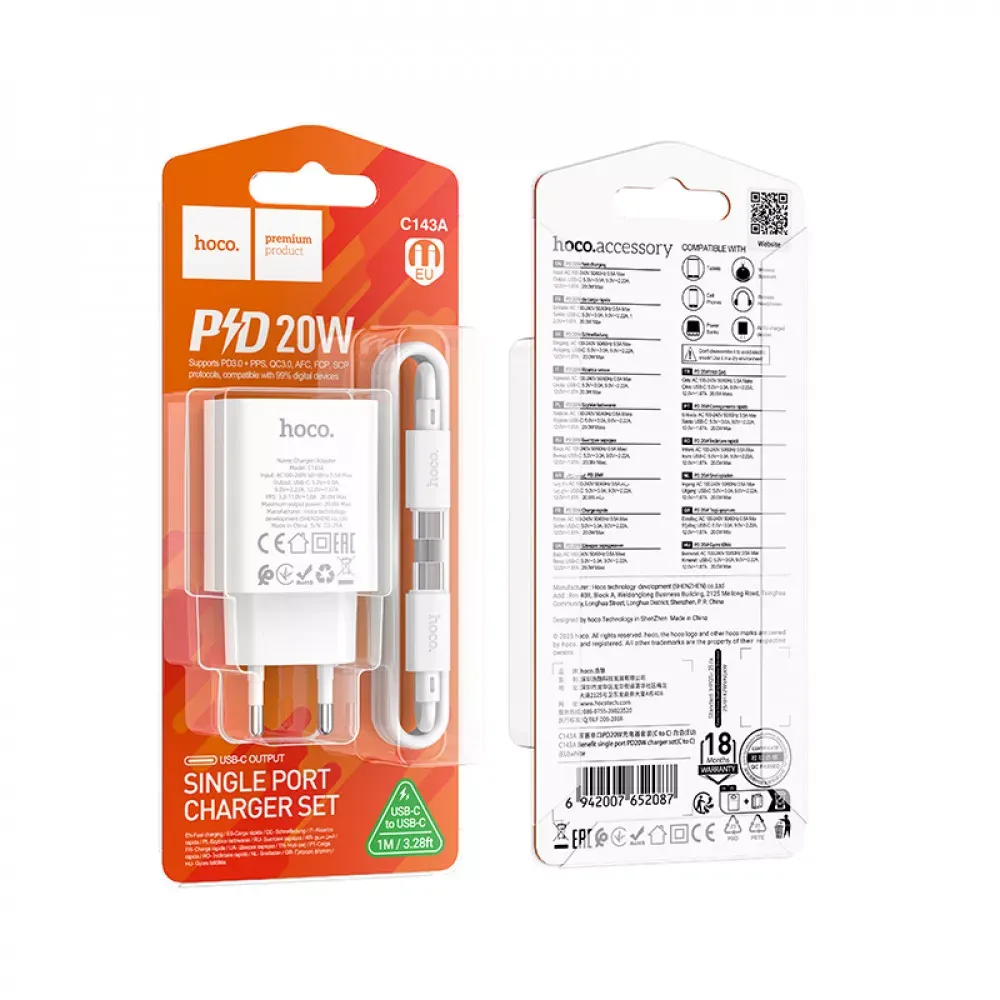 Home Charger 20W PD3.0 C to C Cable Hoco C143A — фото 3