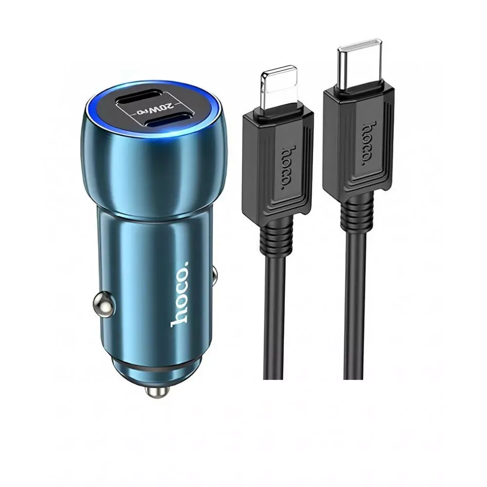 Car Charger 40W 2 PD Cable C to Lightning Cable (1m) Hoco Z48 — Sapphire Blue — Hoco