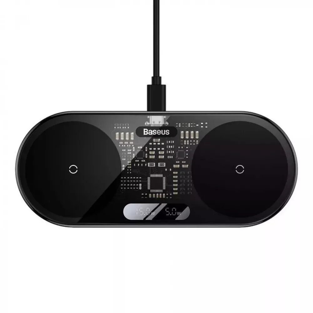 Wireless Charger 20W Baseus (WXSX010101) Digital LED Display 2 in 1 Black Universal version( Include：USB For type-C 3A 1m Black） — WXSX010101 Black — Baseus