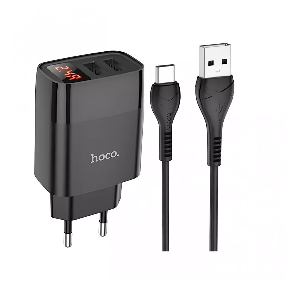 Home Charger 2.4A 2U USB C Cable Hoco C86A Digital Display — Black