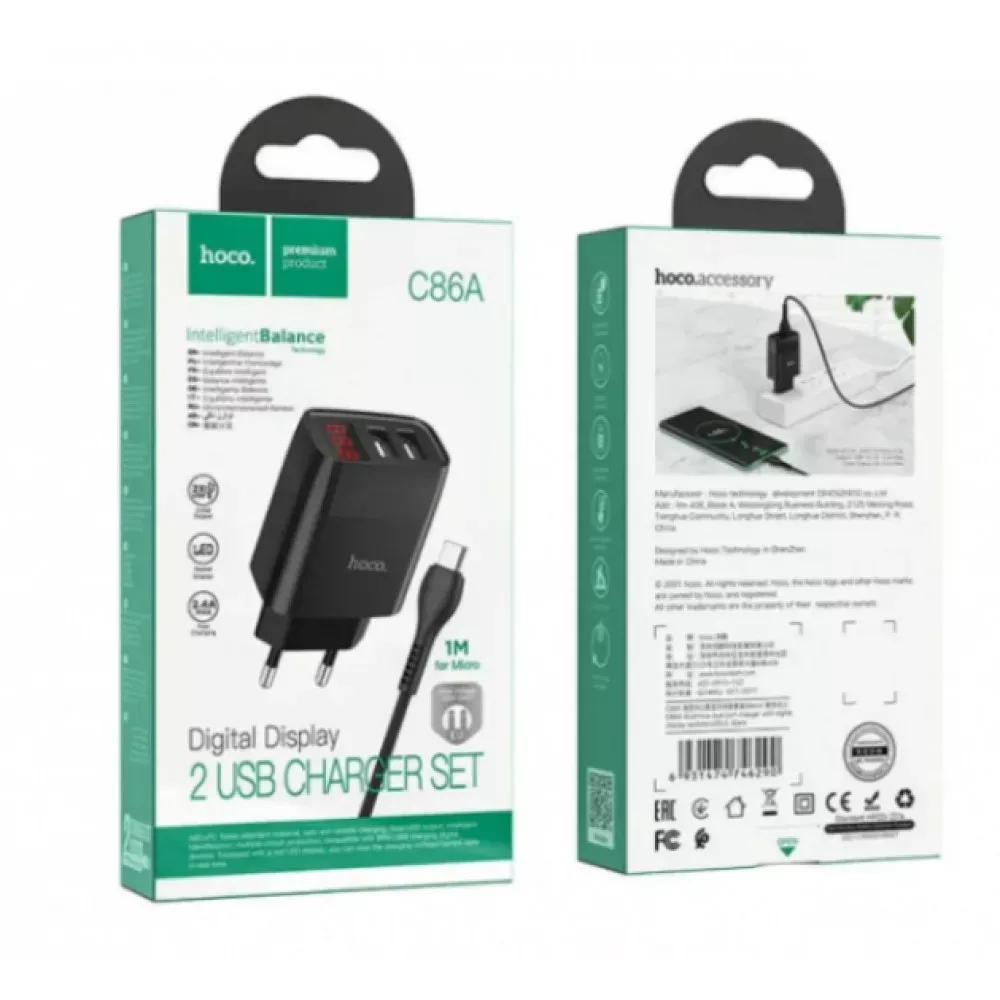 Home Charger 2.4A 2U USB C Cable Hoco C86A Digital Display — Black — фото 3