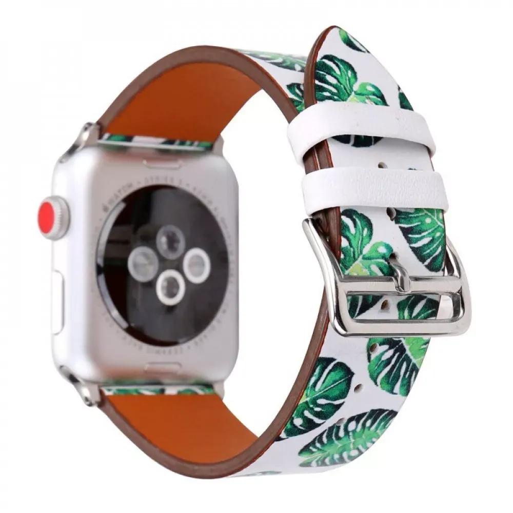 Ремінець Leather Series Flower Pattern Apple Watch 42 mm 44 mm 45 mm 49 mm — Green Leaves — Различные Apple Watch Series 3 42 mm, Apple Watch Series 4 44 mm, Apple Watch Series 7 45 mm, Apple Watch Series 8 49 mm