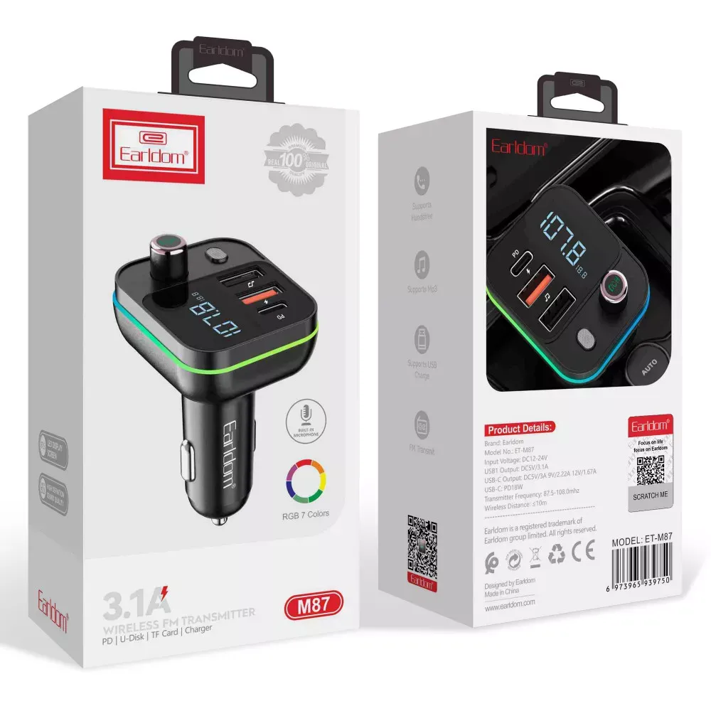 Fm Modulator MP3 | Car Charger | 3.1A | 2U | 1C — Earldom ET-M87 — фото 2