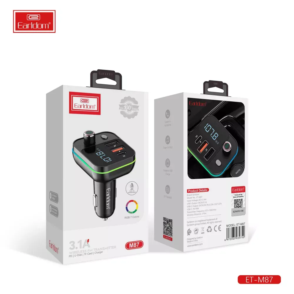 Fm Modulator MP3 | Car Charger | 3.1A | 2U | 1C — Earldom ET-M87 — фото 3
