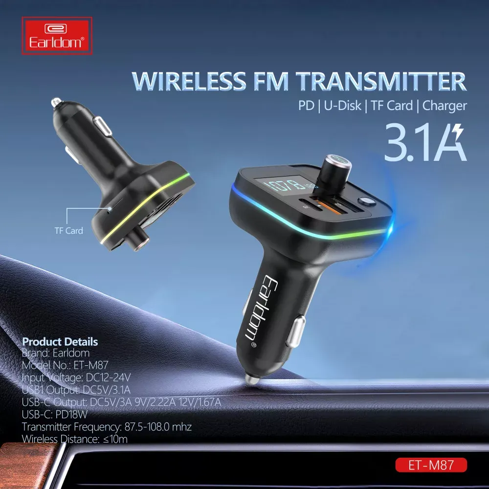 Fm Modulator MP3 | Car Charger | 3.1A | 2U | 1C — Earldom ET-M87 — фото 4