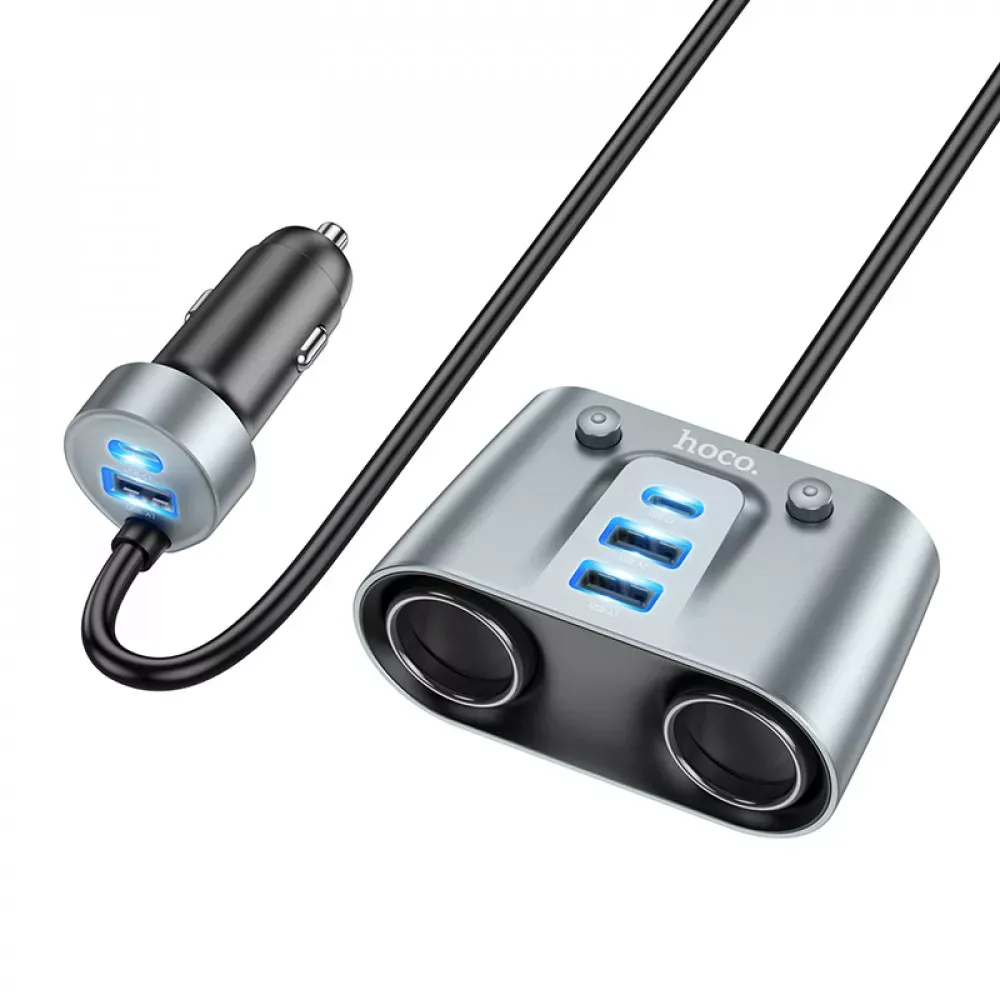 Cigarette lighter Car charger Hoco Z51 Establisher 147W(2C3A) 2-in-1 — metal gray — Hoco