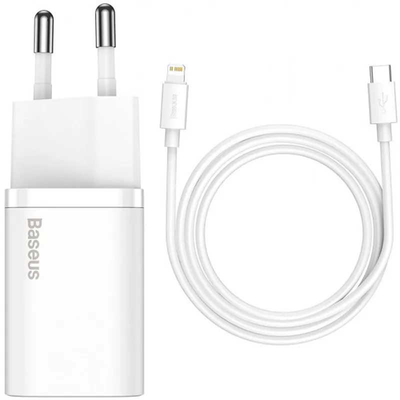 МЗП Baseus Super Si Quick Charger PD20W + кабель Type-C to Lightning Білий