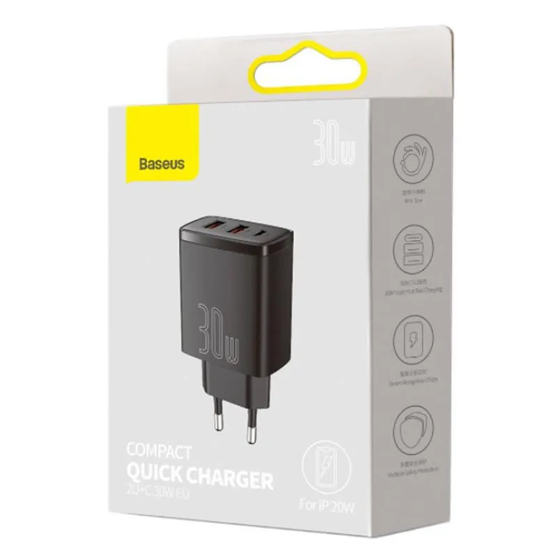 МЗП Baseus Compact Quick Charger PD30W+QC3.0 Чорний — фото 3