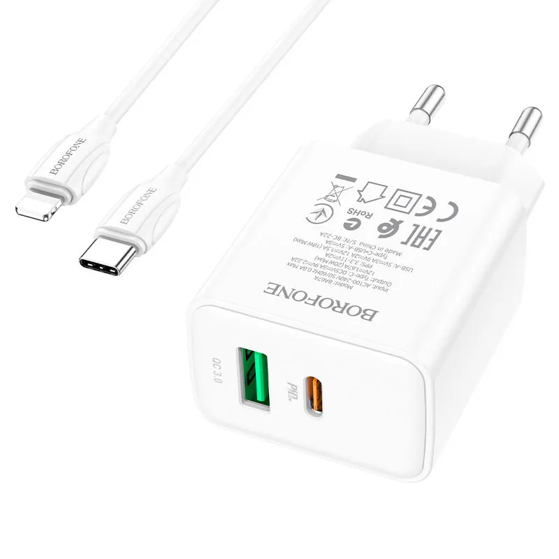 МЗП Borofone BA67A PD20W+QC3.0 + кабель Type-C to Lightning Білий — фото 3