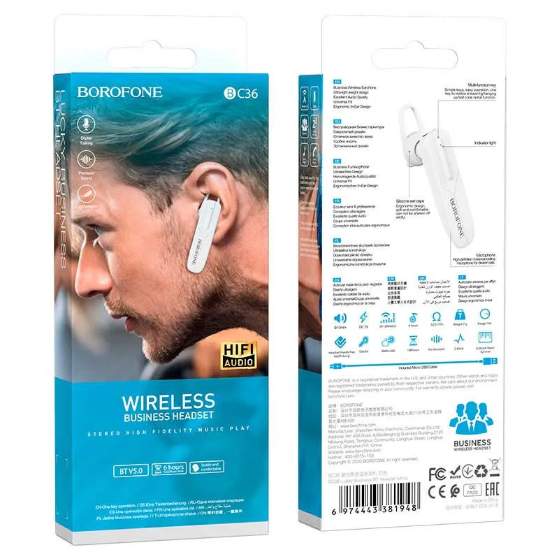 Bluetooth моно-гарнітура Borofone BC36 Lucky Білий — фото 4