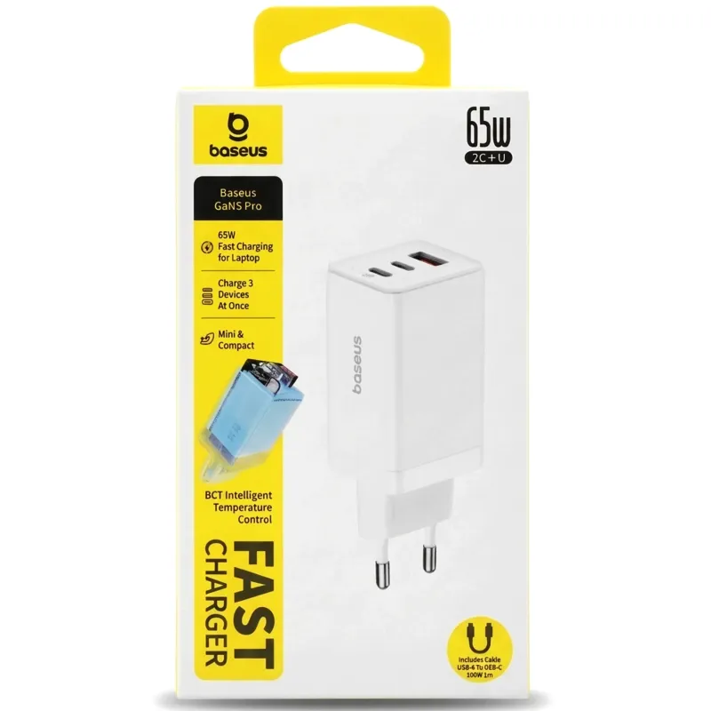 МЗП Baseus GaN5 Pro PD65W+QC3.0 + кабель Type-C to Type-C White — фото 6