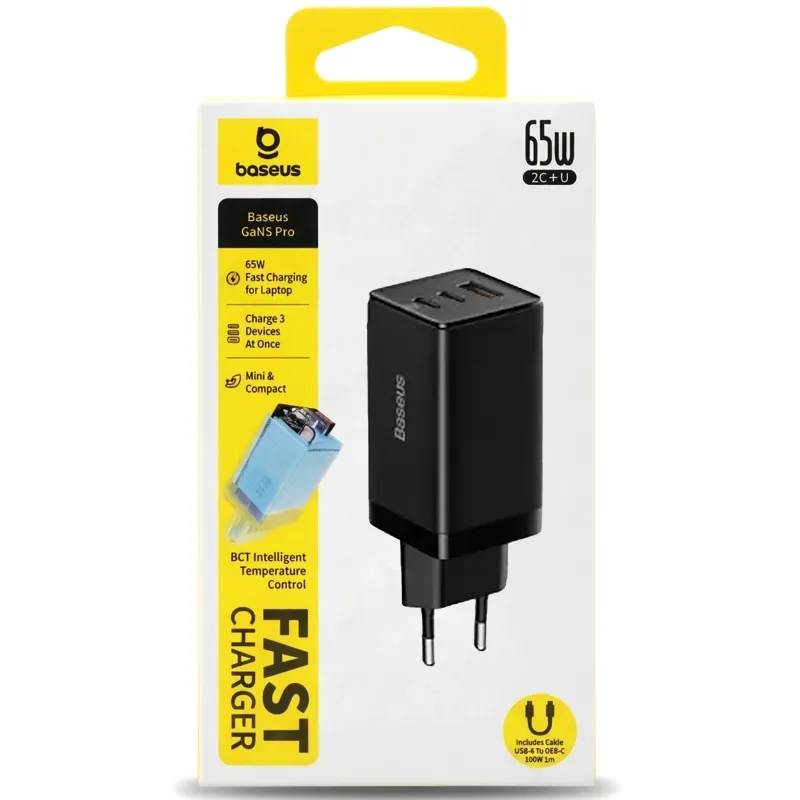 МЗП Baseus GaN5 Pro PD65W+QC3.0 + кабель Type-C to Type-C Black — фото 5