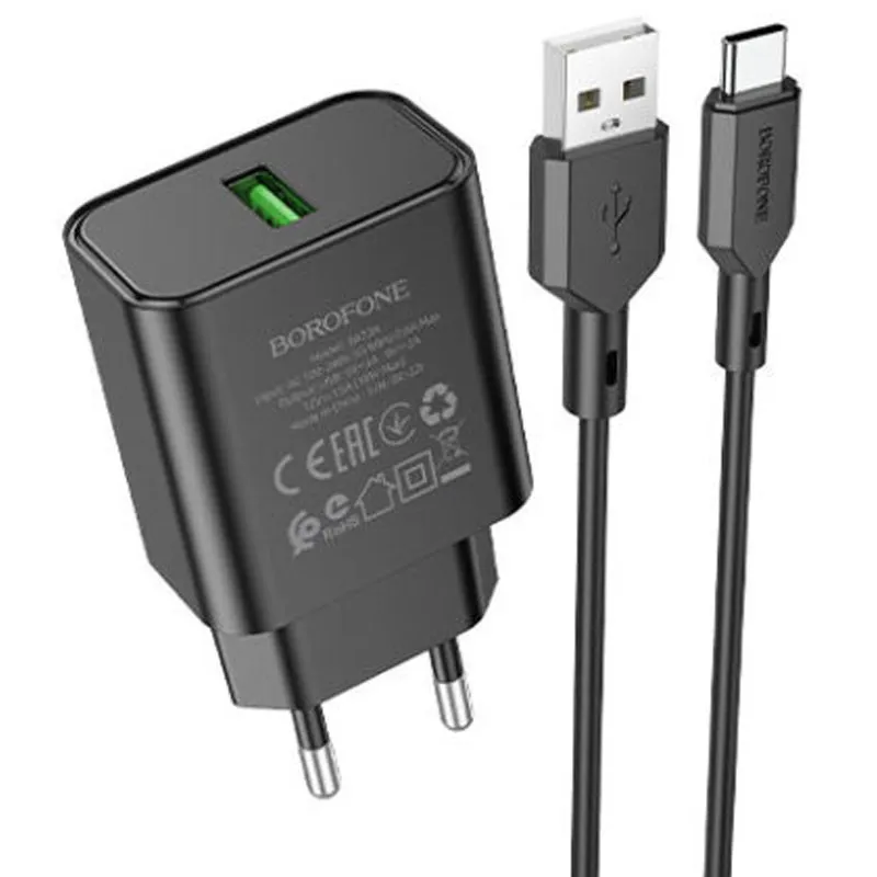 МЗП Borofone BA72A Spring QC3.0 + кабель USB to Type-C Black