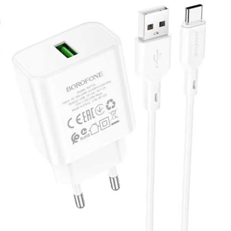 МЗП Borofone BA72A Spring QC3.0 + кабель USB to Type-C White