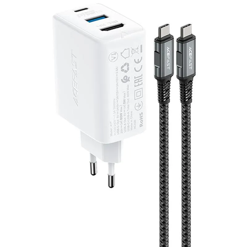 МЗП Acefast A17 PD65W GaN + кабель Type-C to Type-C White