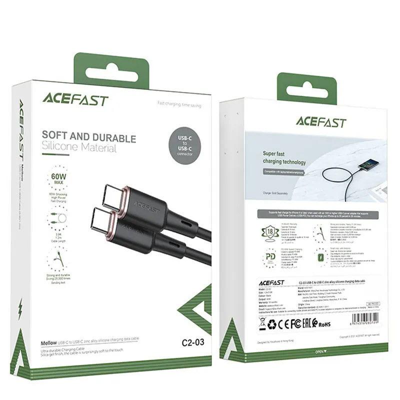 Дата кабель Acefast C2-03 USB-C to USB-C zinc alloy silicone Black — фото 5