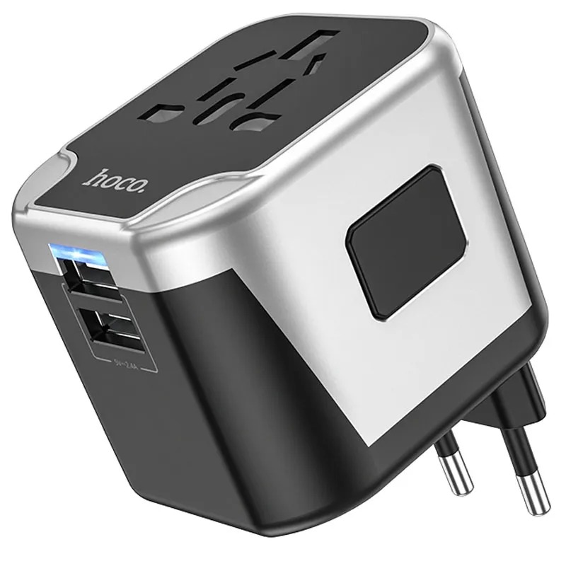 Мережевий універсальний перехідник Hoco AC5 Level 2USB+Socket Black
