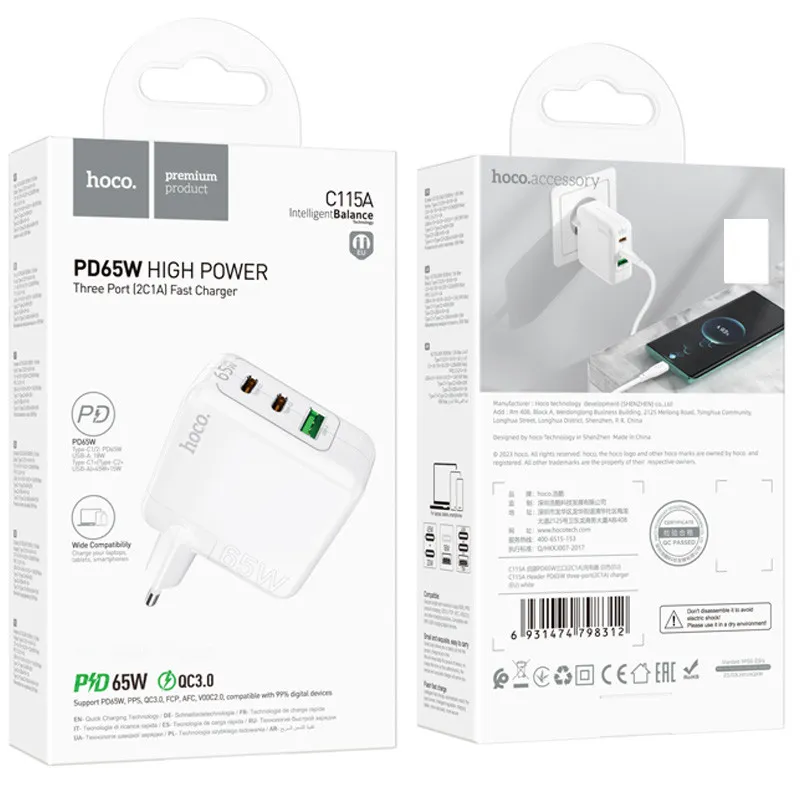 МЗП Hoco C115A Header PD65W+QC3.0 White — фото 6