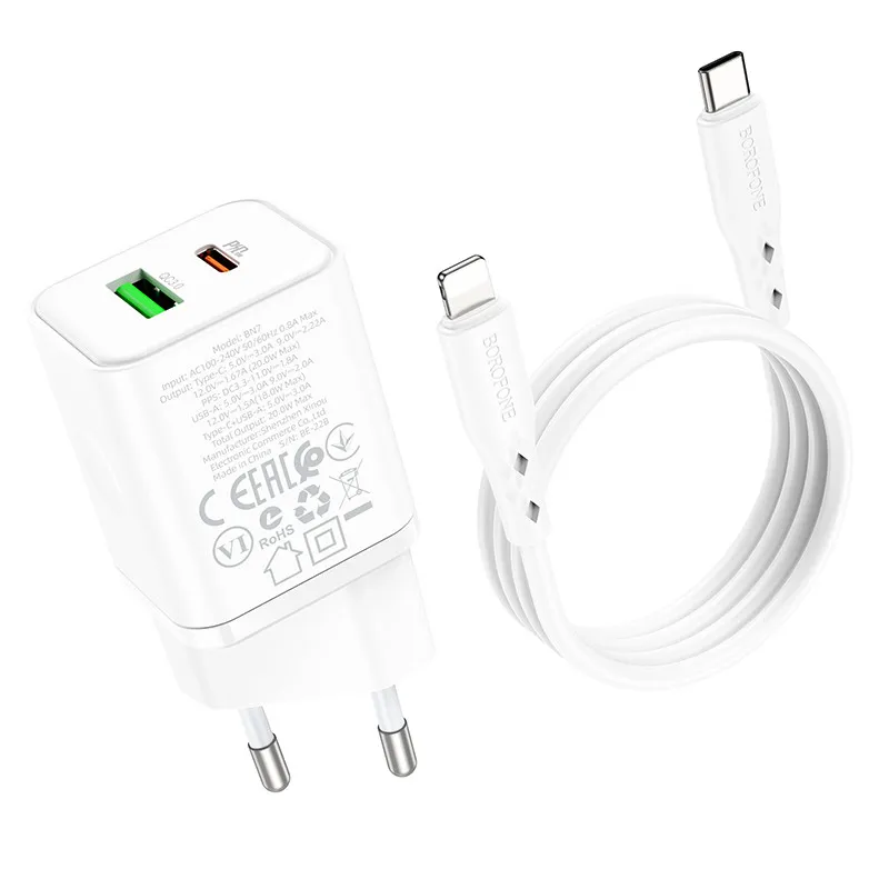 МЗП Borofone BN7 PD20W+QC3.0 + кабель Type-C to Lightning White — фото 5