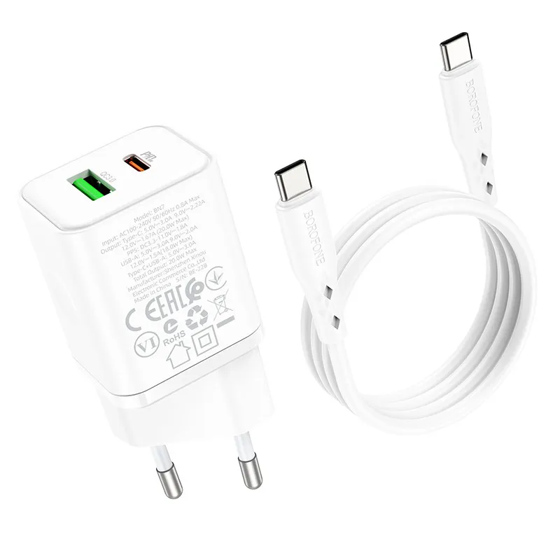 МЗП Borofone BN7 PD20W+QC3.0 + кабель Type-C to Type-C White — фото 7