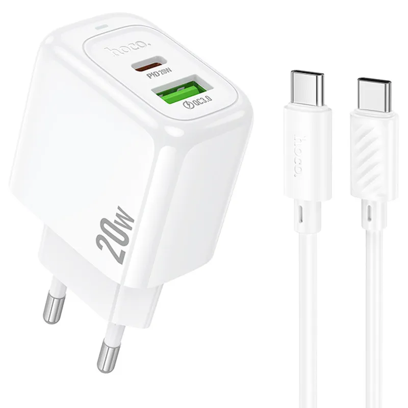 МЗП Hoco CS54A Surplus PD20W+QC3.0 (1USB-A/1C) + кабель Type-C to Type-C White