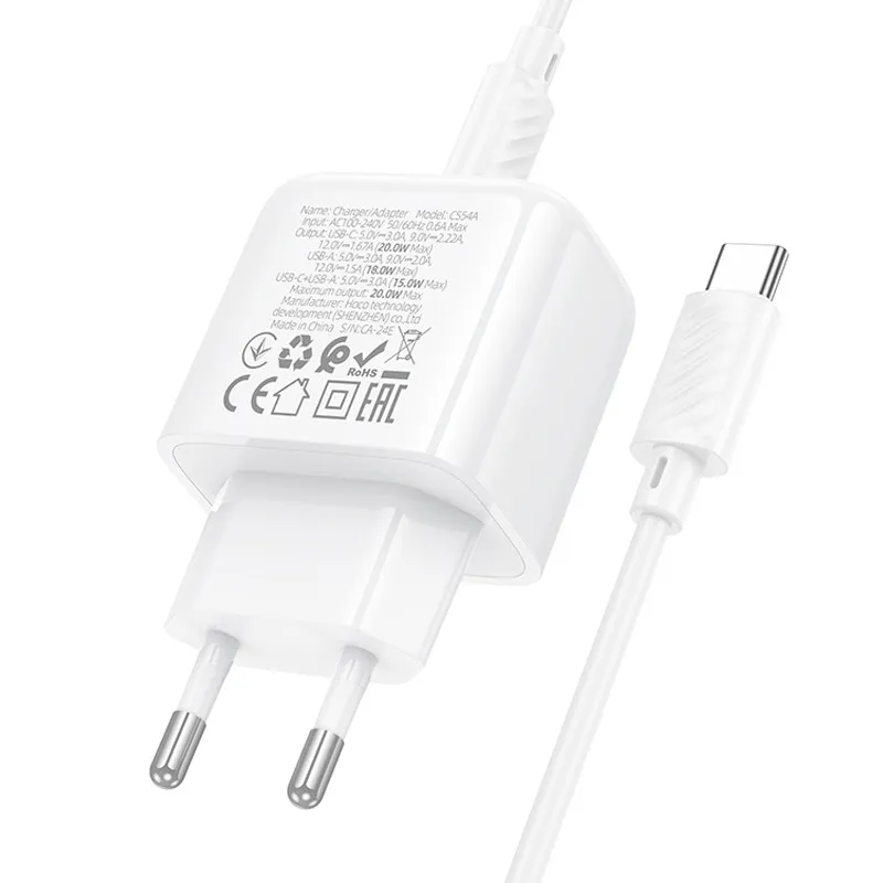 МЗП Hoco CS54A Surplus PD20W+QC3.0 + кабель Type-C to Type-C White — фото 7