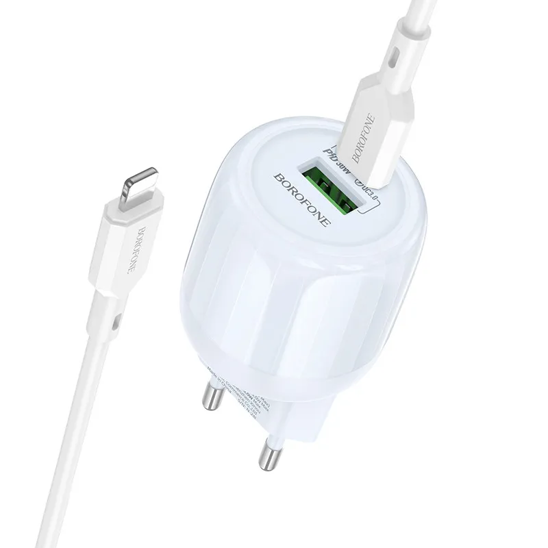 МЗП Borofone BA94A Lustrous PD30W+QC3.0 (1USB-A/1C) + кабель Type-C to Lightning Blue