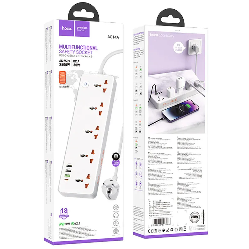 Подовжувач Hoco AC14A Rico PD30W White — фото 6