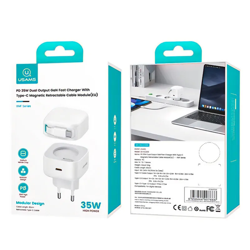 МЗП Usams US-CC202 GaN With Type-C Magnetic Retractable Cable Module XMF Ser. 35W White — фото 6