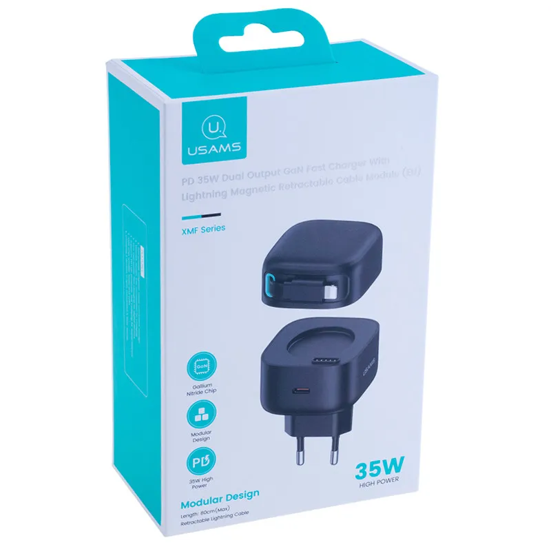 МЗП Usams US-CC209 GaN With Lightning Magnetic Retractable Cable Module XMF Ser. 35W Black — фото 2