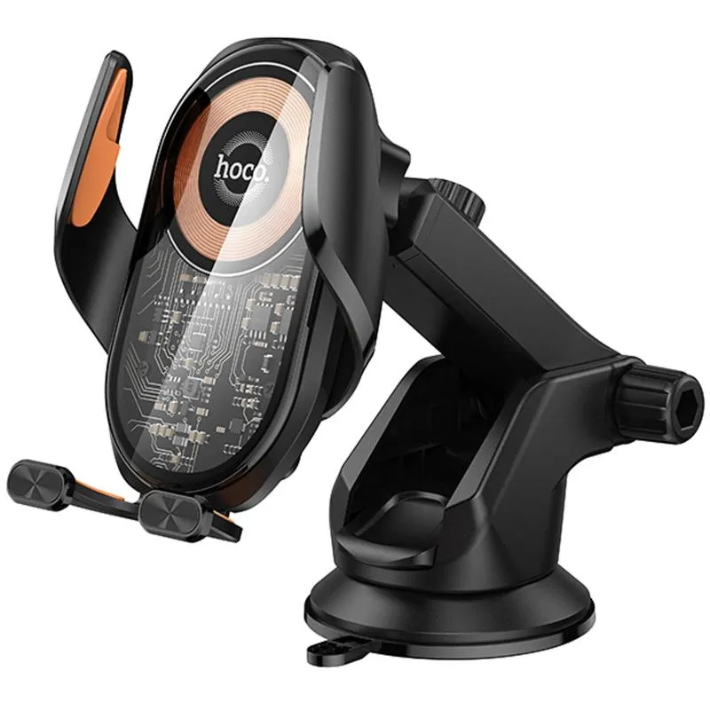 Автотримач з БЗП Hoco HW34 Blue whale 3-axis linkage wireless 15W (center console) Black