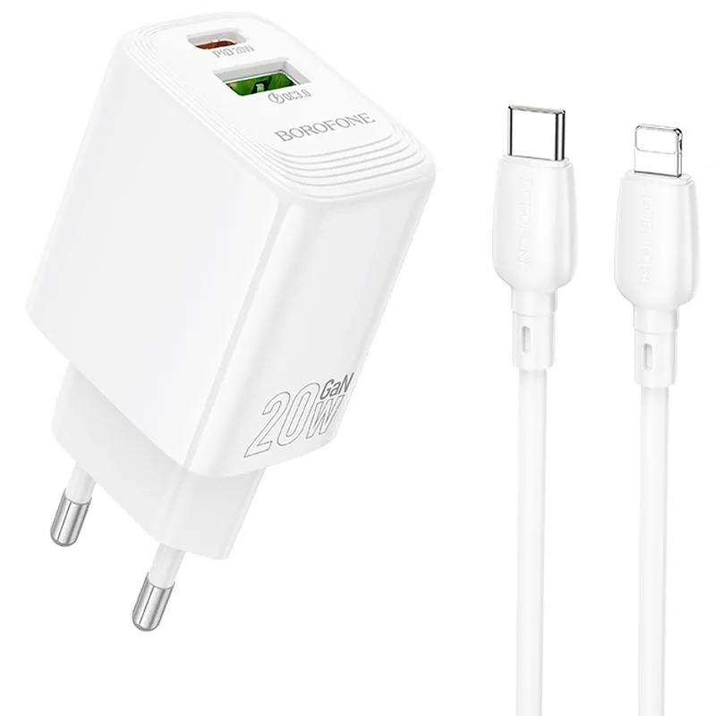 МЗП Borofone BN27 Fuente PD20W+QC3.0 + кабель Type-C to Lightning White