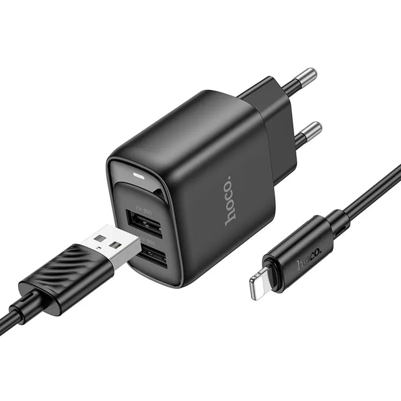 МЗП Hoco C141A Smart 2.1A + кабель USB to Lightning Black — фото 2