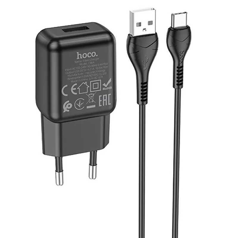 МЗП Hoco C96A 2.1A (1USB-A) + кабель USB to Type-C Black