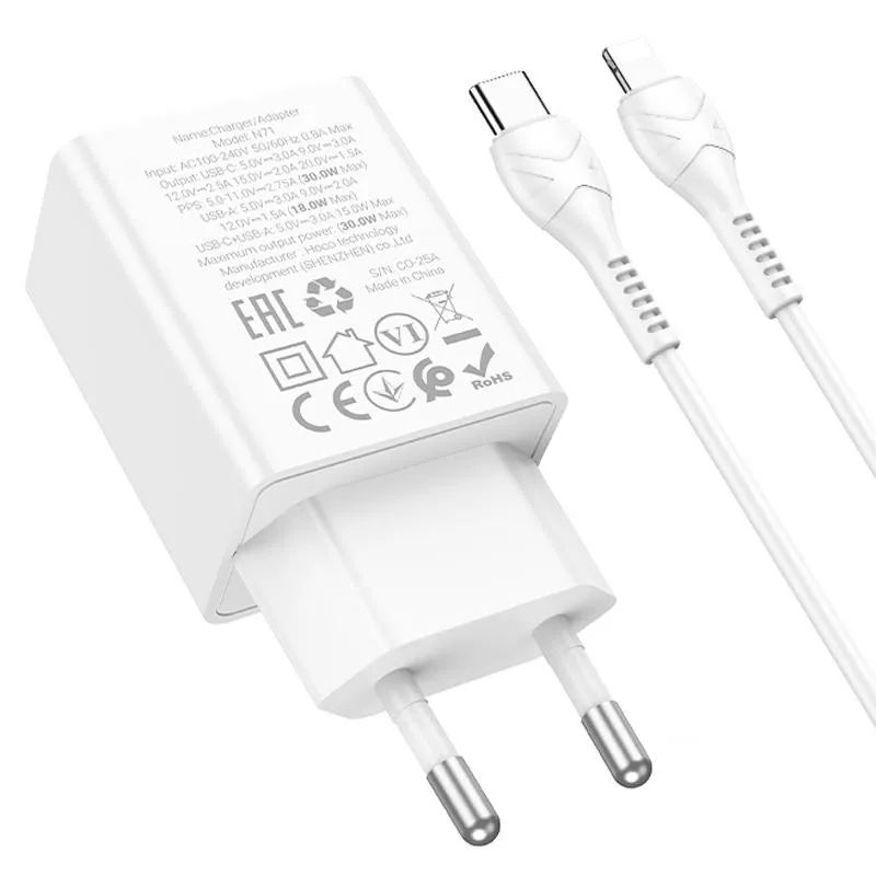 МЗП Hoco N71 Nuevo PD30W+QC3.0 + кабель Type-C to Lightning White — фото 3