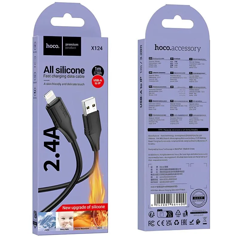 Дата кабель Hoco X124 Bien silicone USB to Lightning 2.4A Black — фото 4