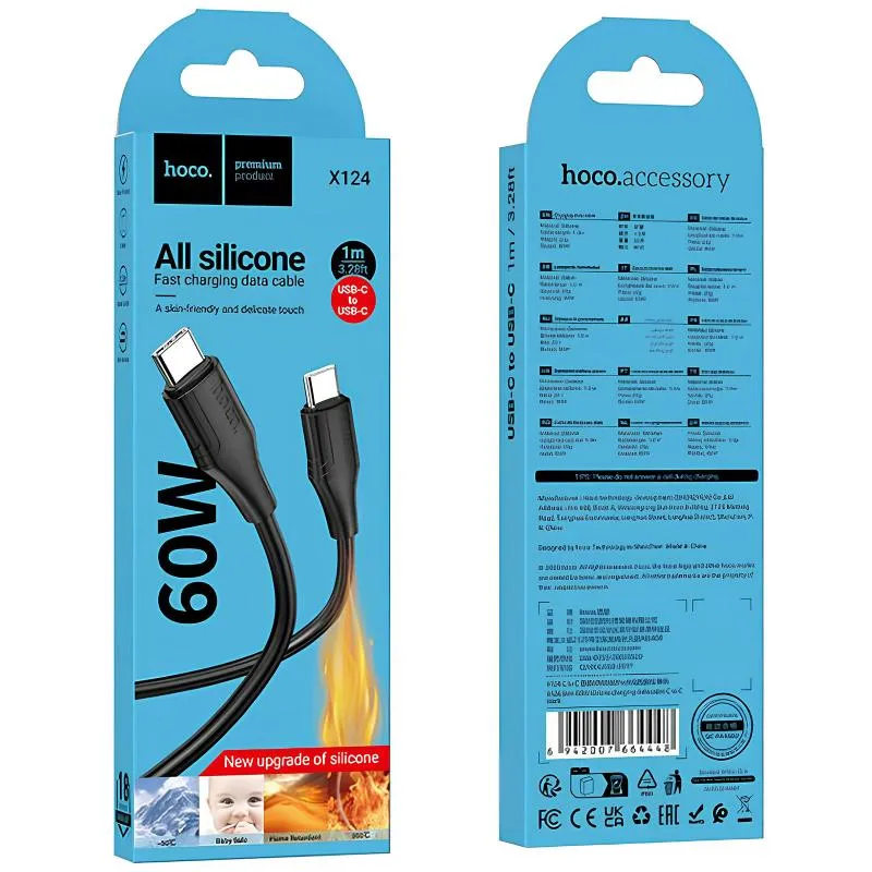 Дата кабель Hoco X124 Bien silicone Type-C to Type-C 60W Black — фото 3