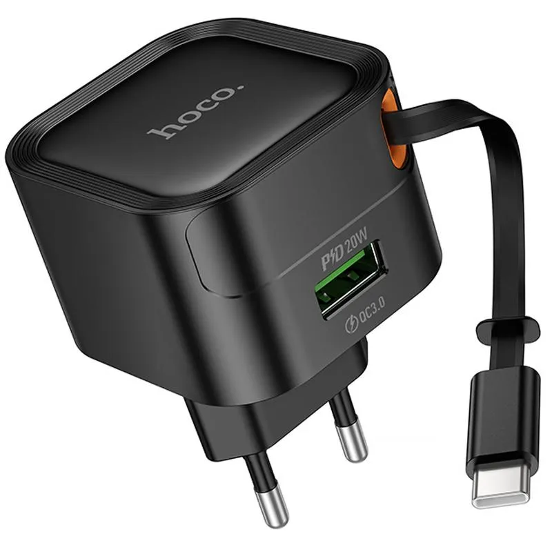 МЗП Hoco C154A Changer PD20W+QC3.0 (1USB-A/1C) + Retractable Cable Type-C Black