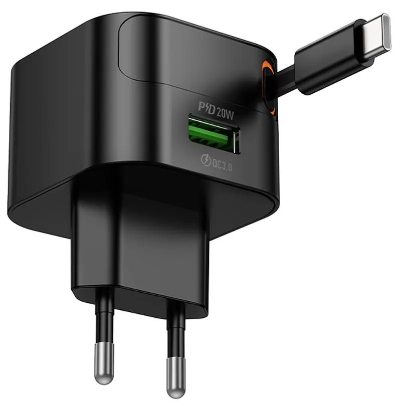 МЗП Hoco C154A Changer PD20W+QC3.0 + Retractable Cable Type-C Black — фото 5